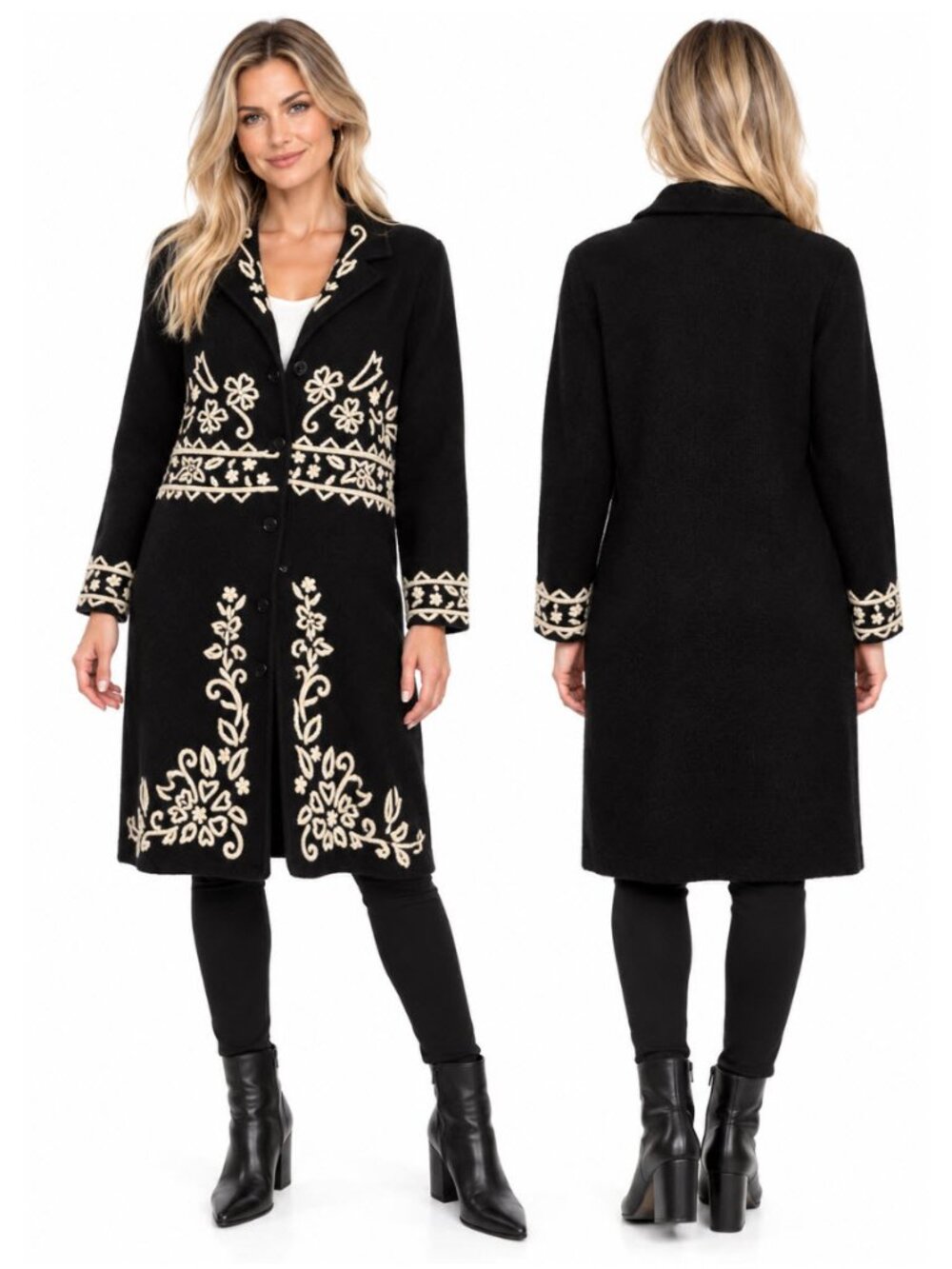 Kenar Black 100% Wool Embroidered Long Cardigan Coat L Quiet Luxury Preppy